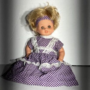 Vintage Doll‎ with Purple Gingham Dress & Shoes Blonde Hair Hazel Blinking Eyes